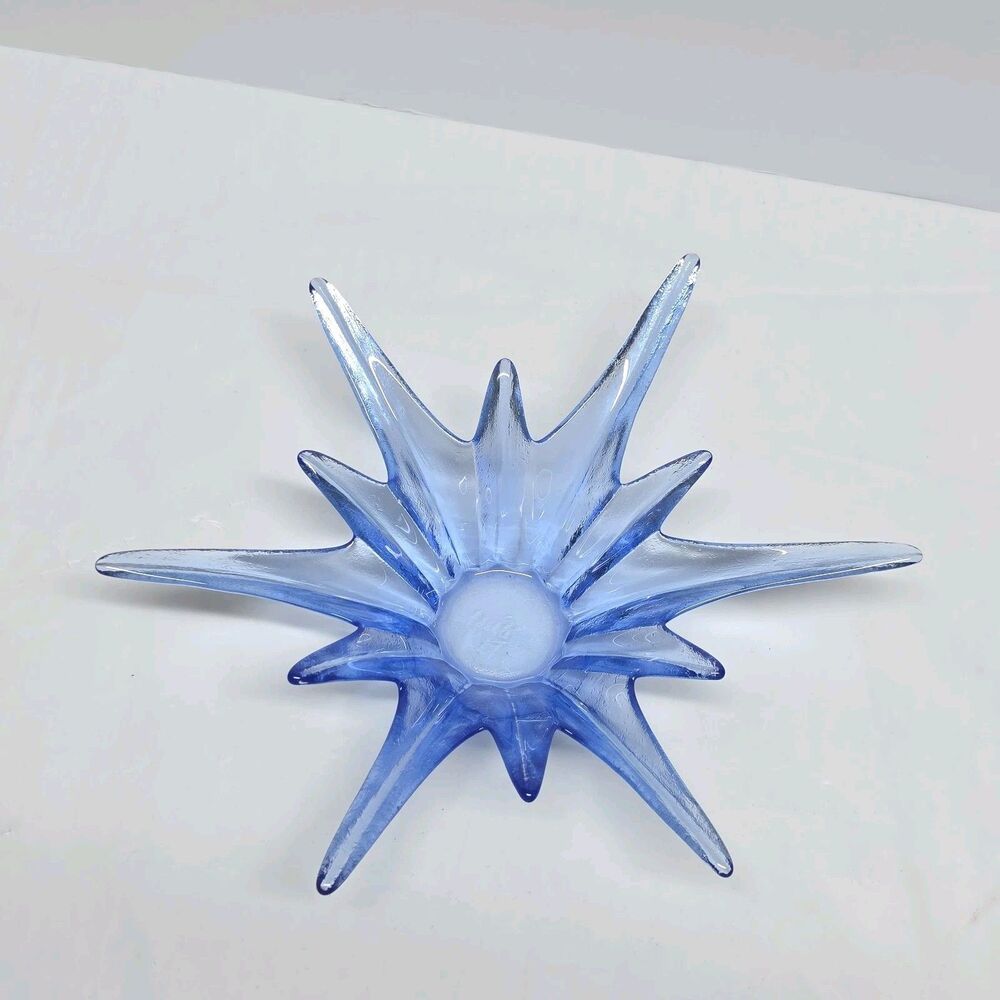 Vintage MCM Starburst Blue Glass Tea Light Votive Candle Holder Atomic Decor
